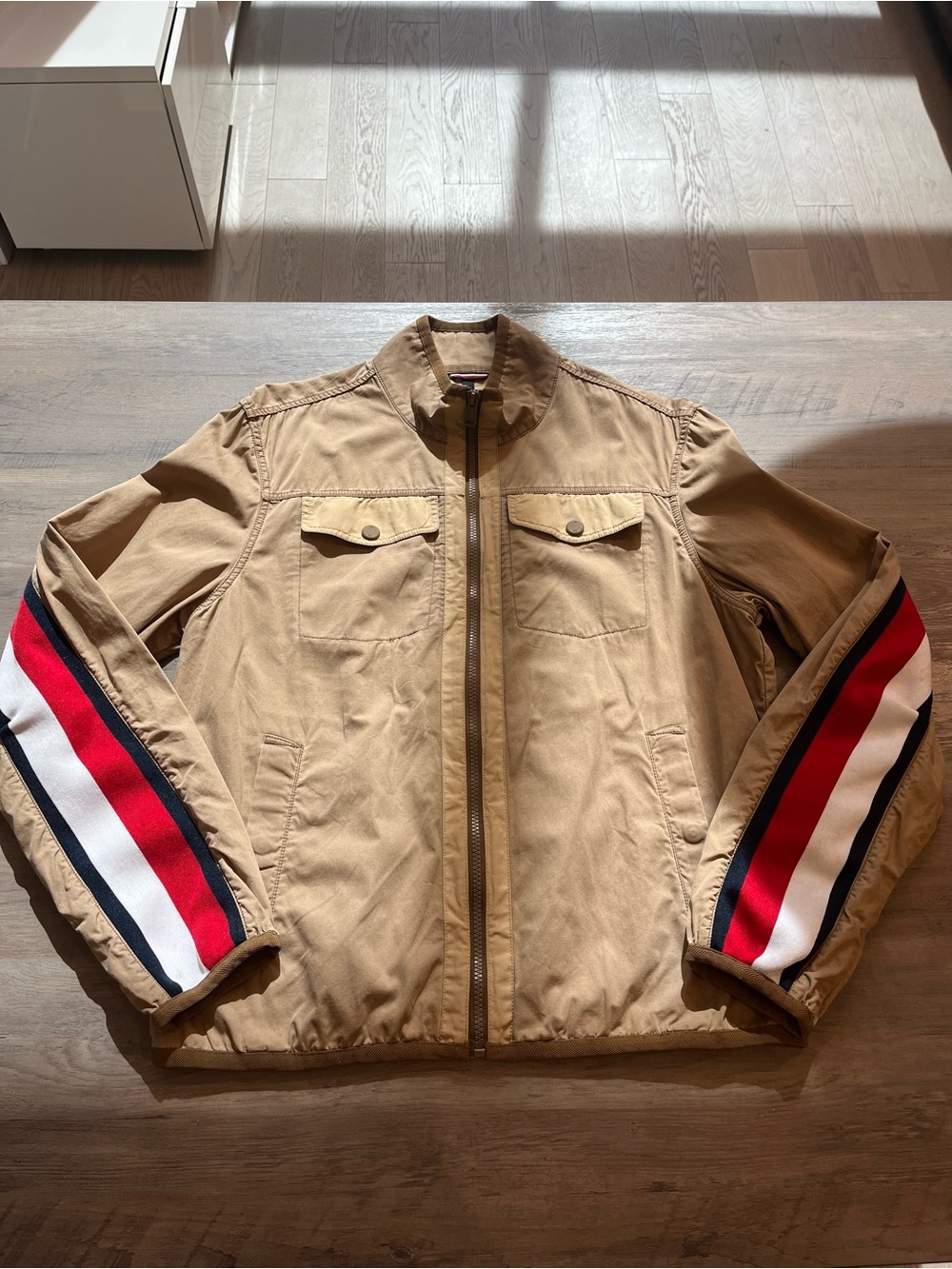 Tommy Hilfiger Khaki Bomber Jacket with Red, White & Navy Sleeve Stripes
